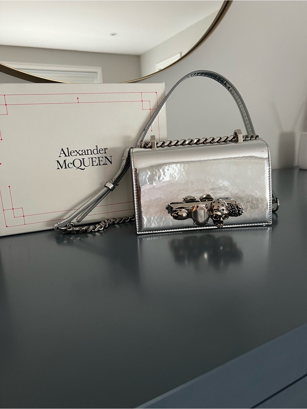 Alexander McQueen Silver Mirror Mini Bag with Jeweled Clasp